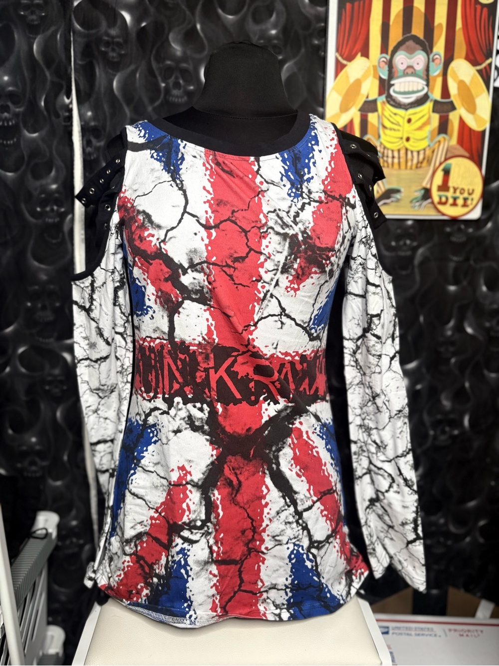 Punk Rave Cold-Shoulder Graphic Top - Red/White/Blue